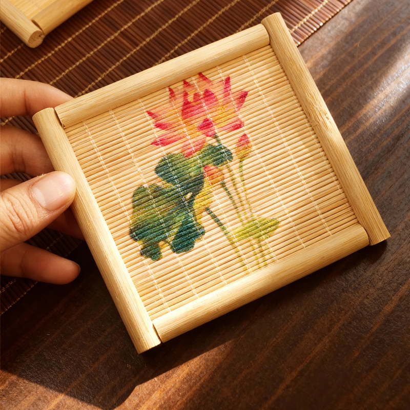 Japanese Tea - ชุดที่รองแก้วชาไม้ไผ่ธรรมชาติ 5 ชิ้น สไตล์เซน แผ่นรองกันความร้อน อุปกรณ์เสริมสำหรับพิธีชงชาแบบกังฟู