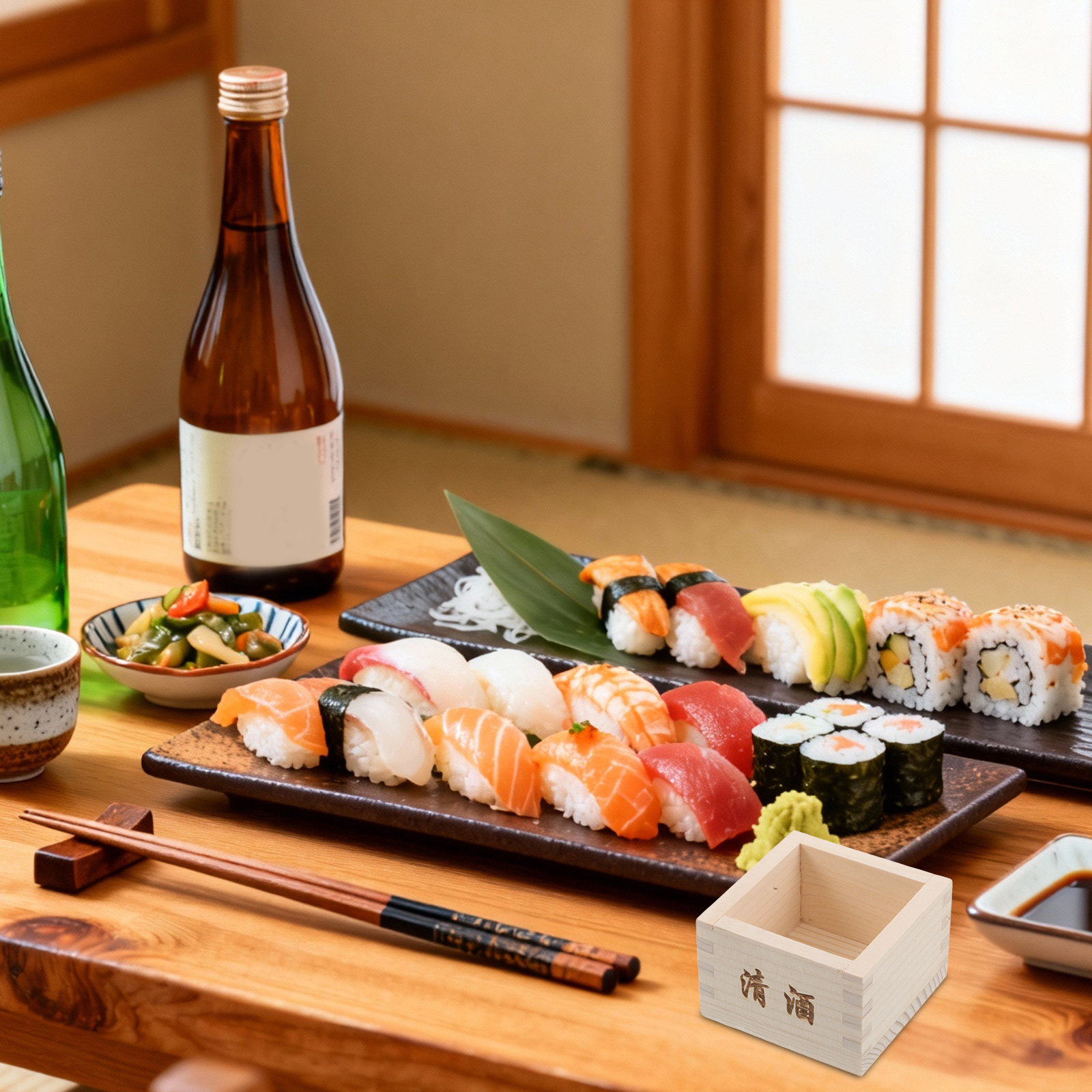 Japanese Restaurant Lifestyle - 2 ชิ้น กล่องไม้ซาเกะมาซุ ถ้วยซาเกะทรงสี่เหลี่ยมแบบญี่ปุ่นดั้งเดิม สำหรับร้านซูชิ งานเลี้ยงที่บ้าน