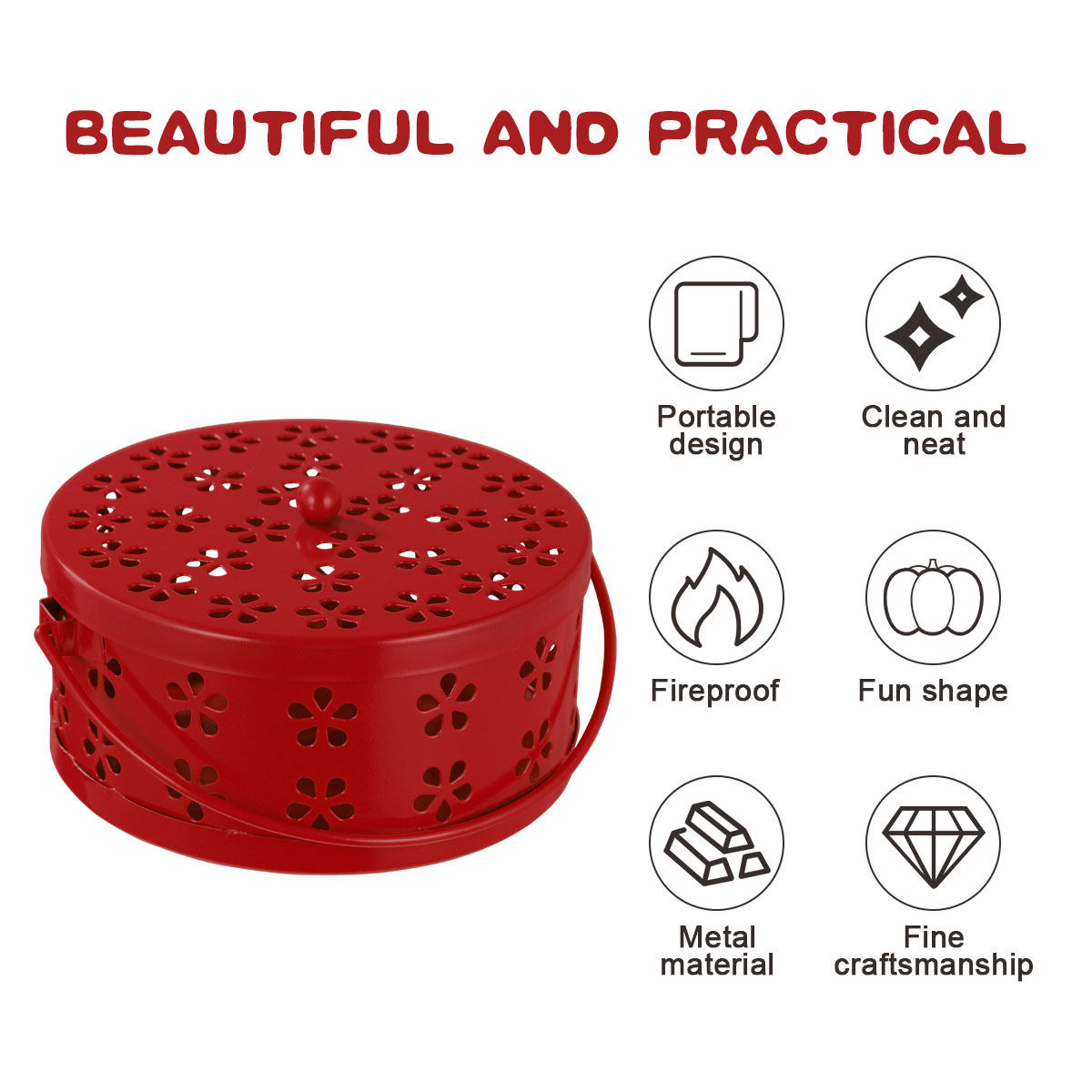 Incense Holder - กล่องโลหะกันไฟสไตล์เรโทร ดีไซน์โปร่ง มีหูจับสีแดง กล่องใส่เครื่องเผาธูป เหมาะสำหรับใช้ในบ้าน
